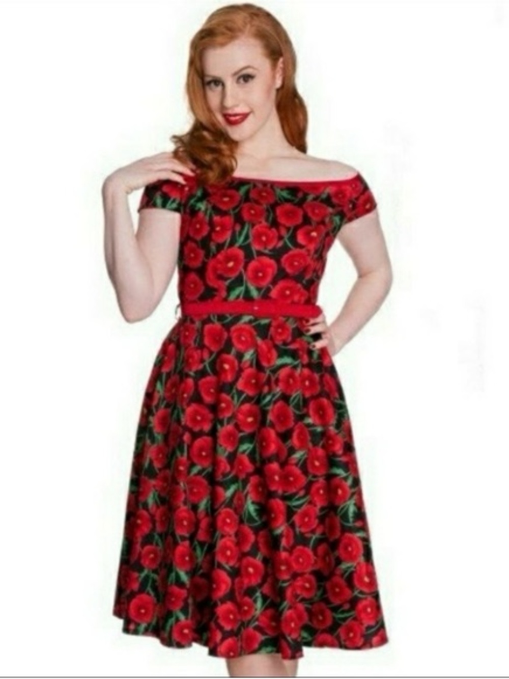 Hell Bunny Vixen Cordelia Off-the-Shoulders Dress in Red Poppies - Size XL